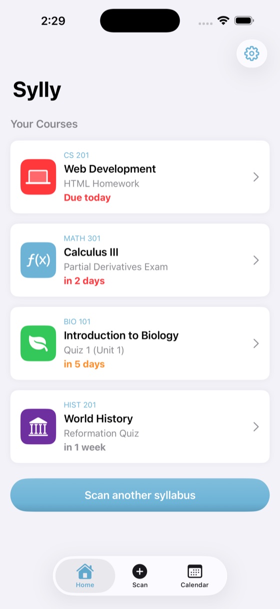 Sylly home screen listing four courses with the next assignment due in each