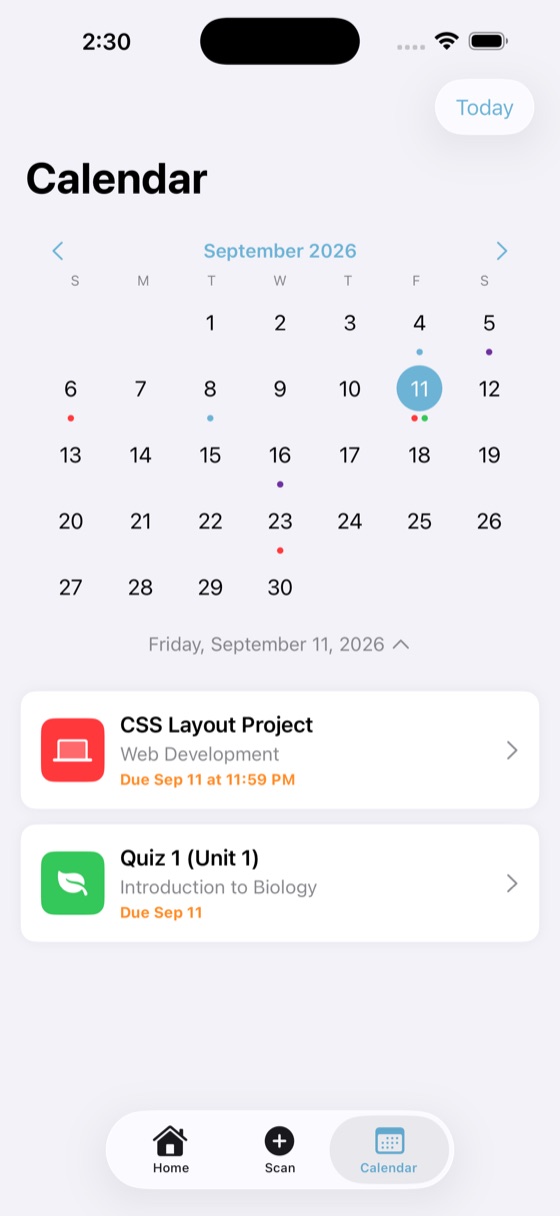 Month calendar with dots on the days assignments are due