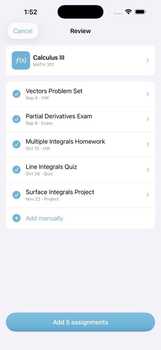 Review screen listing five assignments found in the syllabus
